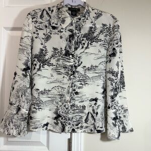 JEREMY SPENCER Black and White ASIAN Inspired Button-Up Silk Blouse Sz L